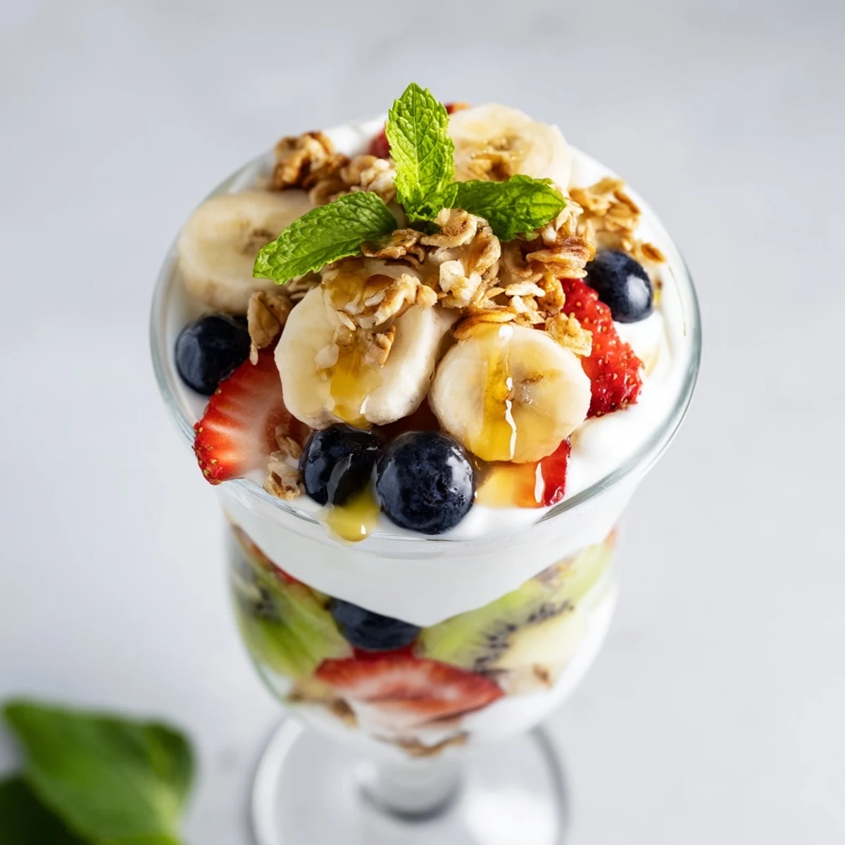 Creamy Greek yogurt parfait recipe drizzled with golden honey and topped with vibrant strawberries