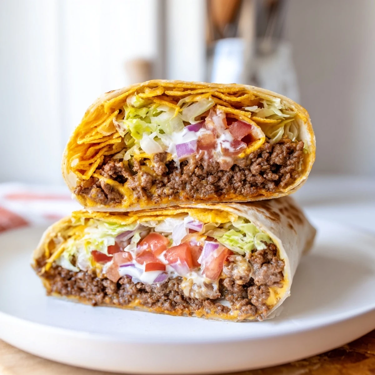 Stack of Ultimate Cheesy Beef Crunch Wraps with fresh salsa and sour cream