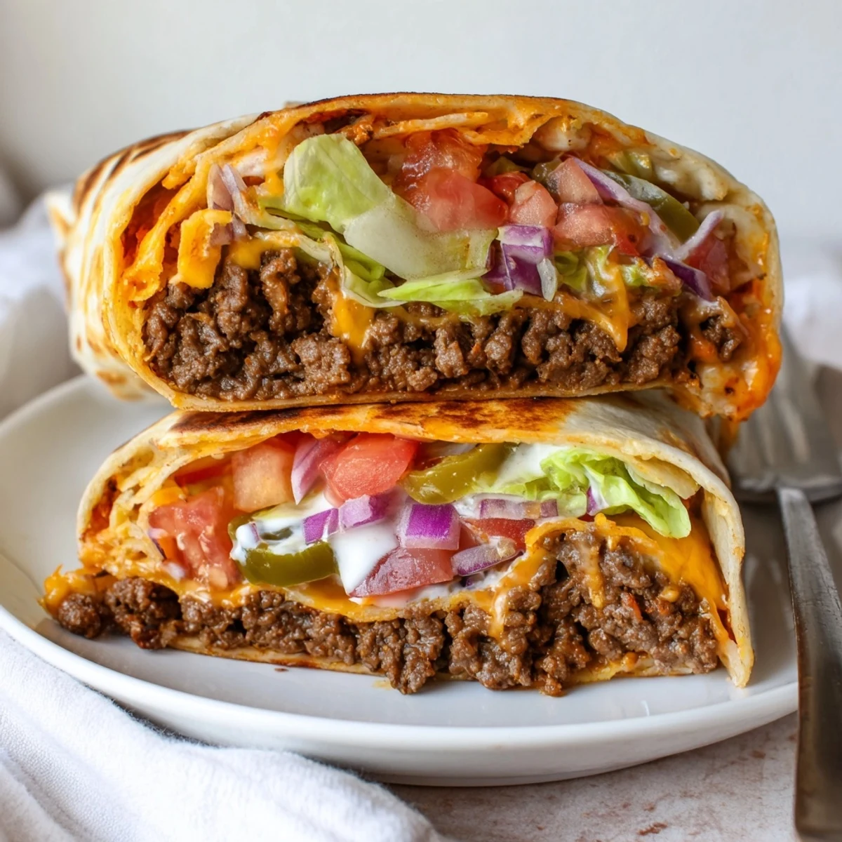 Ultimate Cheesy Beef Crunch Wraps halved, gooey cheddar oozing, crispy tortilla edges steaming