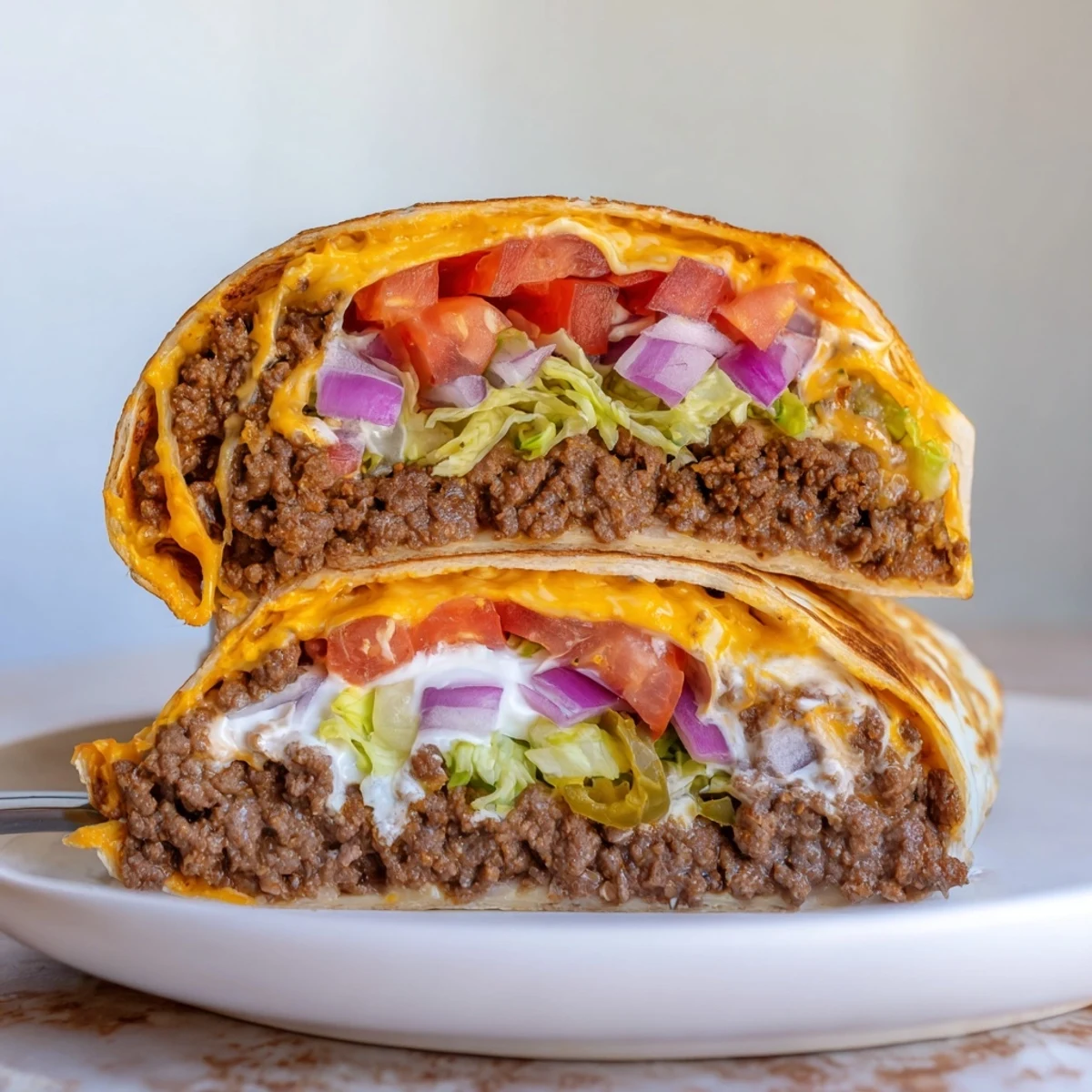 Grilled Ultimate Cheesy Beef Crunch Wraps sliced on board, crunchy tostada shell visible