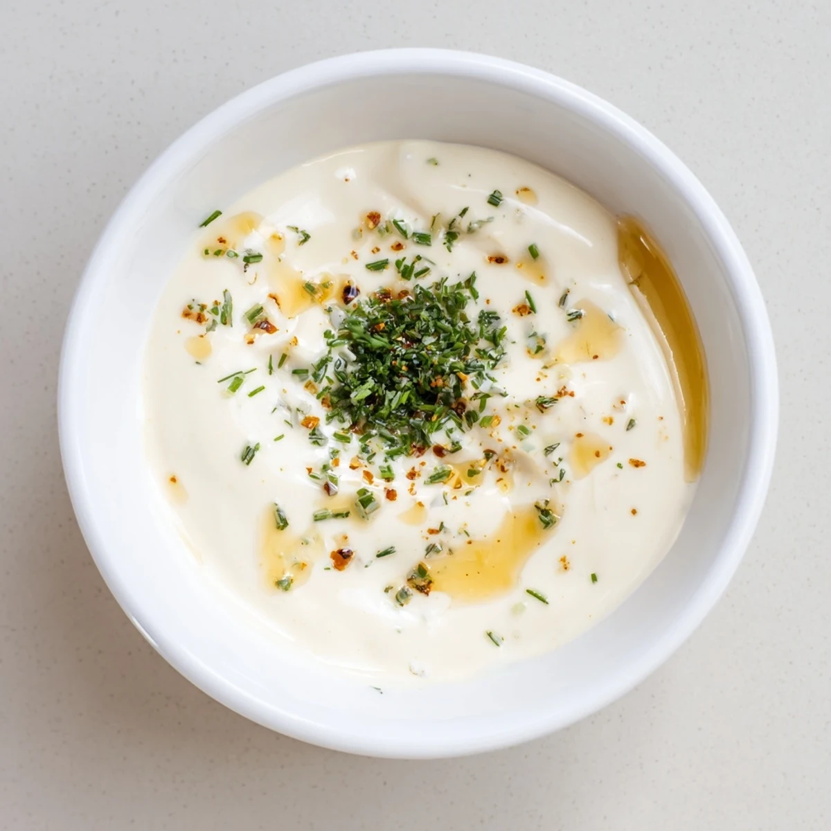 Chilled Hot Honey Ranch Dip flecked with chives, perfect for wings.
