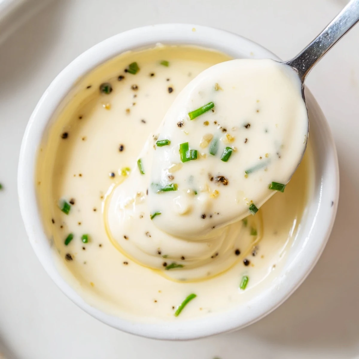 Creamy Tangy Sauce in a bowl, silky texture with bright lemon zest  