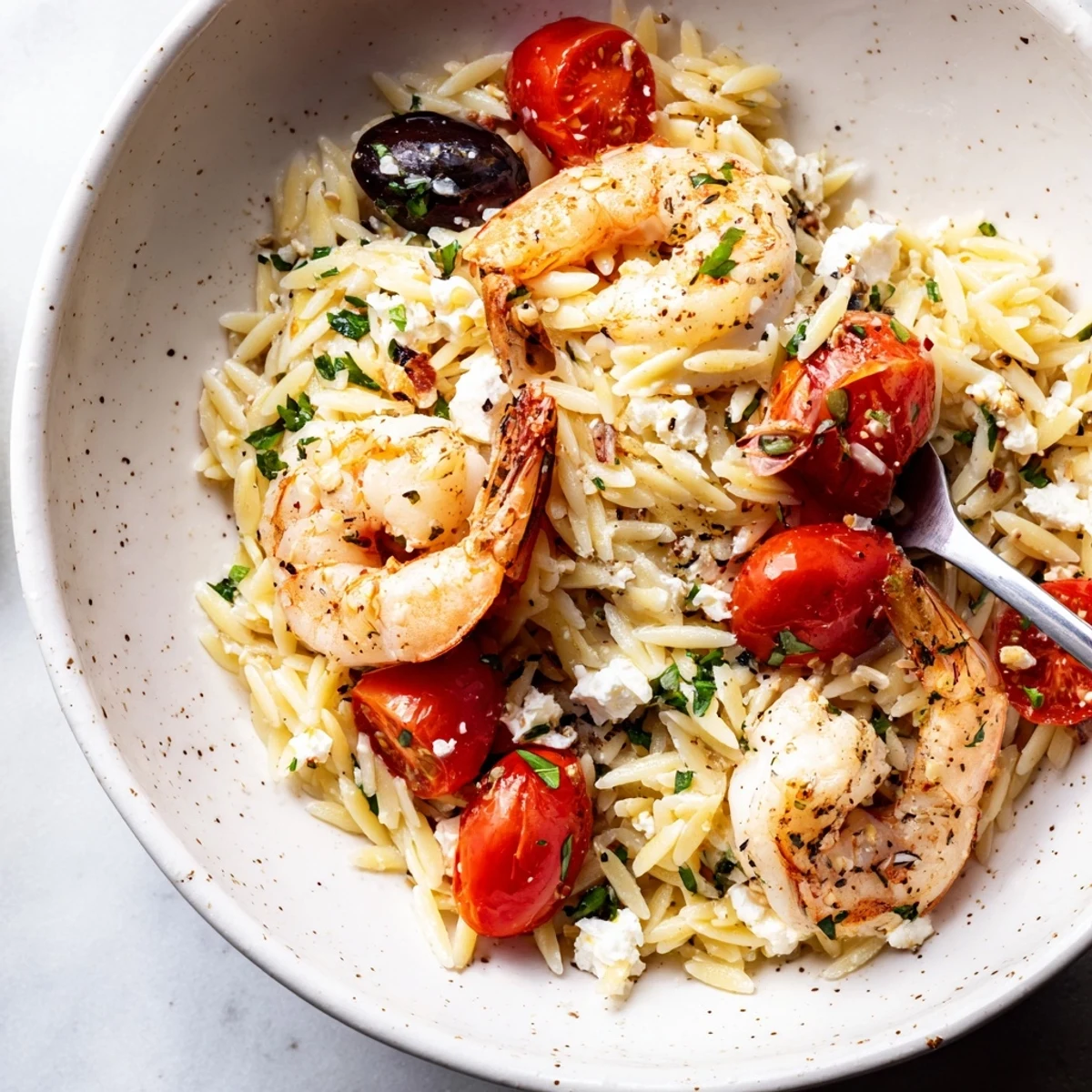 Warm Lemon Feta Orzo Shrimp Recipe featuring succulent shrimp and tangy lemon zest