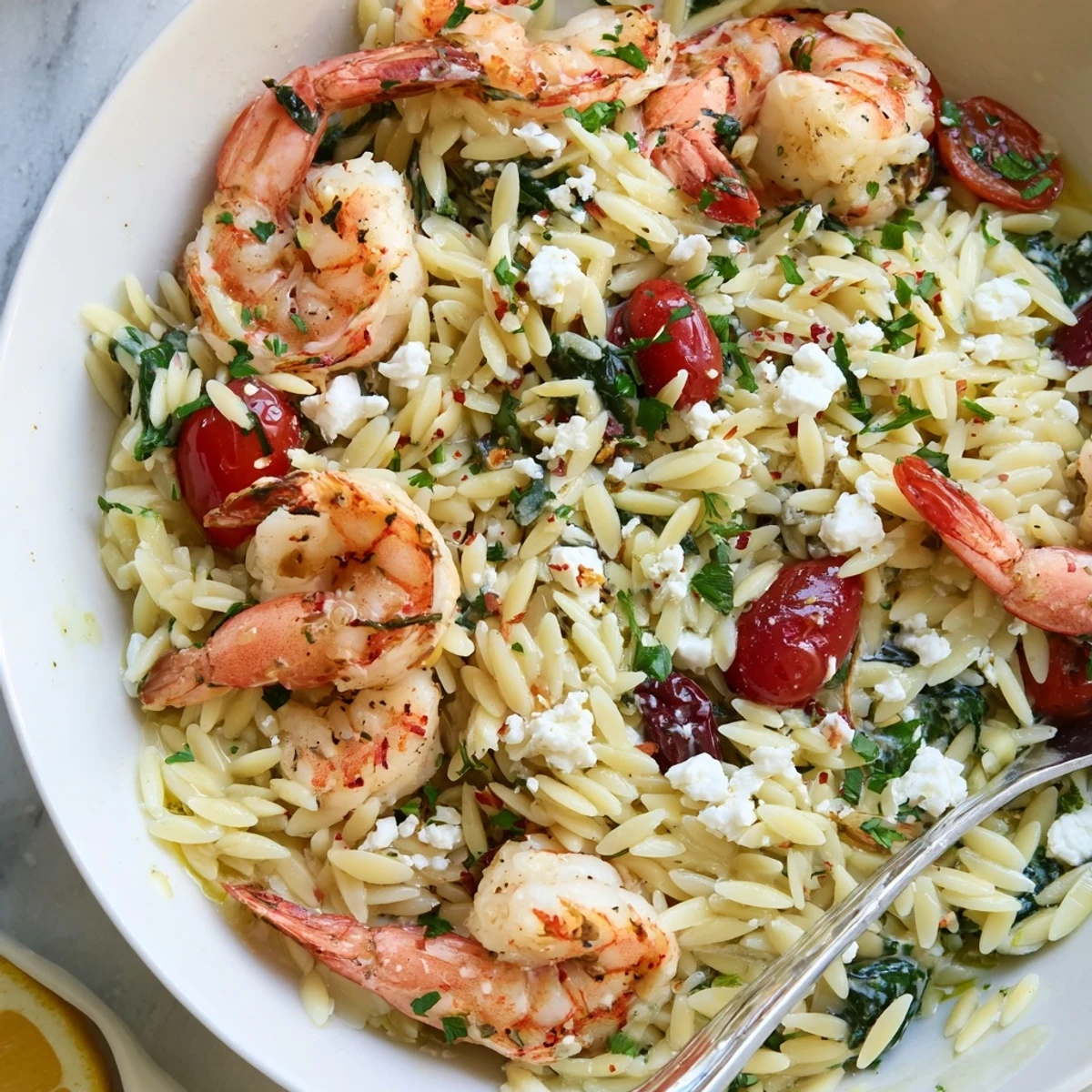 Creamy Lemon Feta Orzo Shrimp Recipe plated with cherry tomatoes and fresh parsley