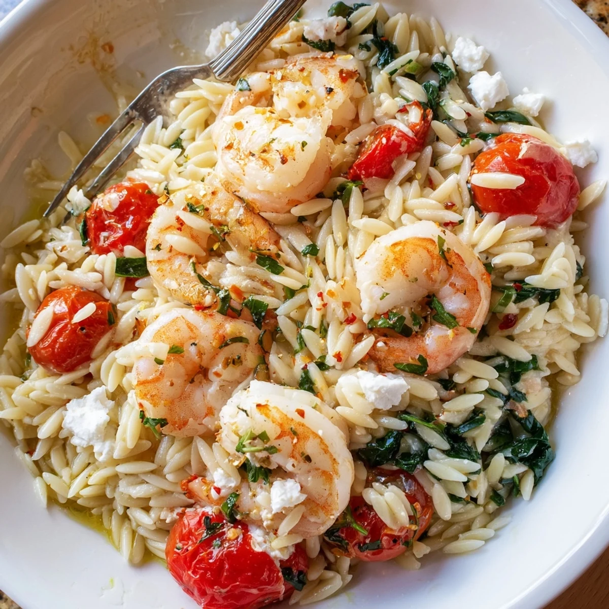 Skillet Lemon Feta Orzo Shrimp Recipe tossed with wilted spinach and bright lemon juice