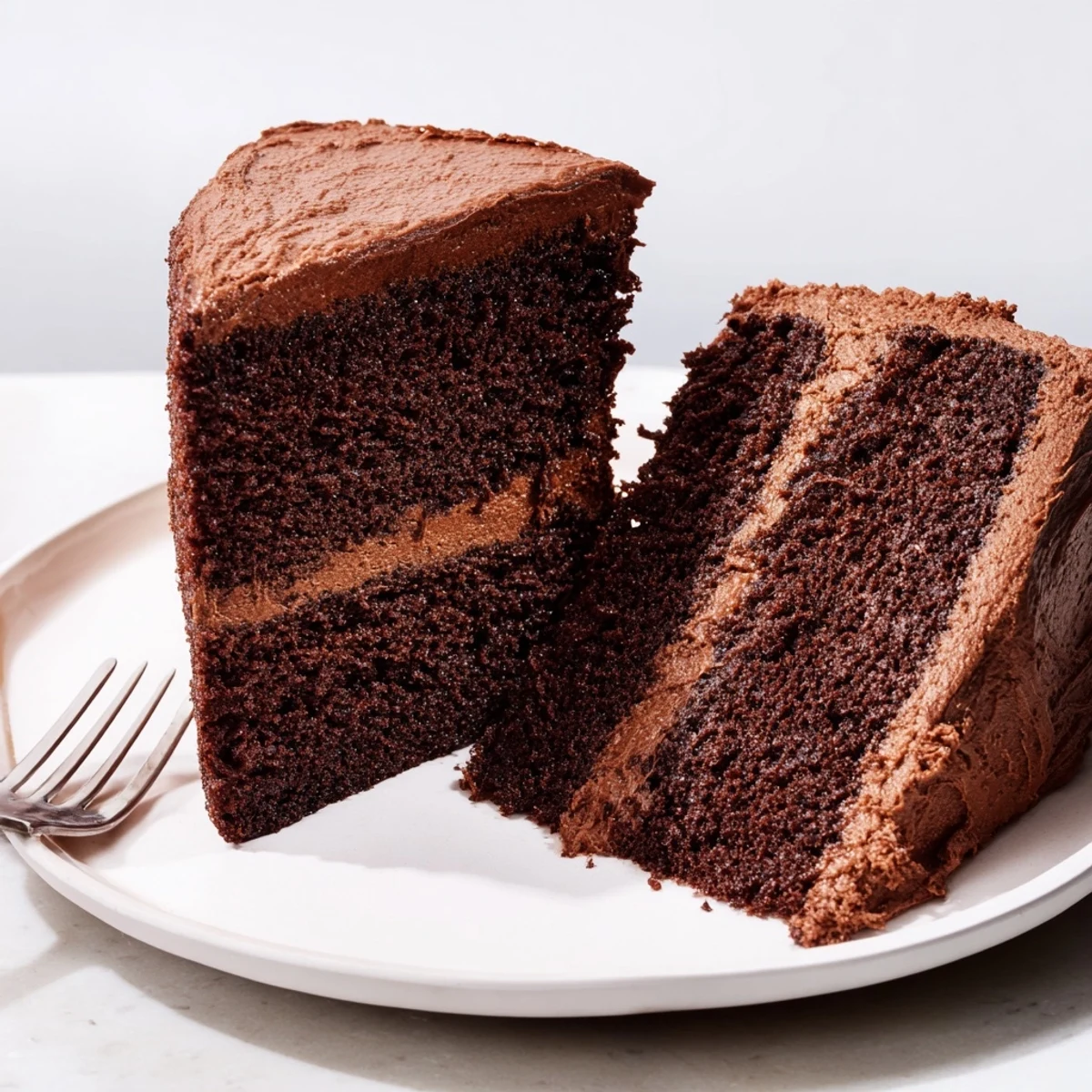 Moist layered Chocolate Cake Recipe, rich frosting, sliced on wire rack.