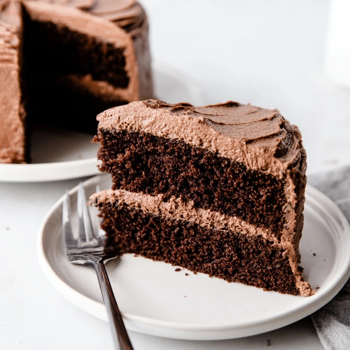 Classic Chocolate Cake Recipe topped with glossy cocoa frosting, ready to serve.