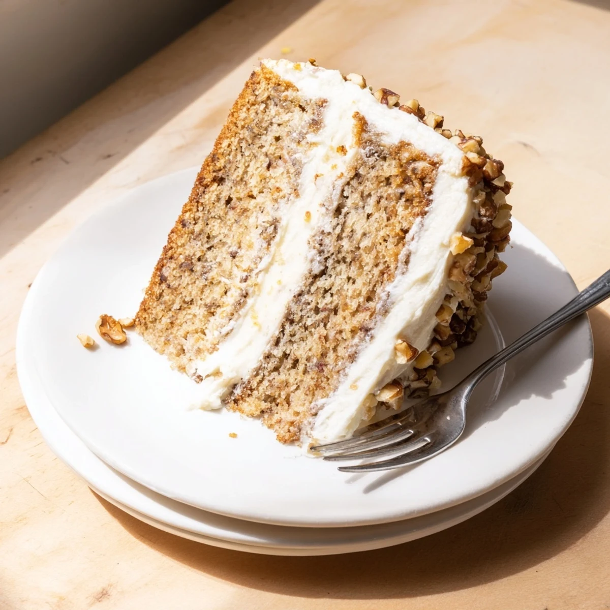 Warm moist banana cake slice steaming slightly, served with cold vanilla ice cream