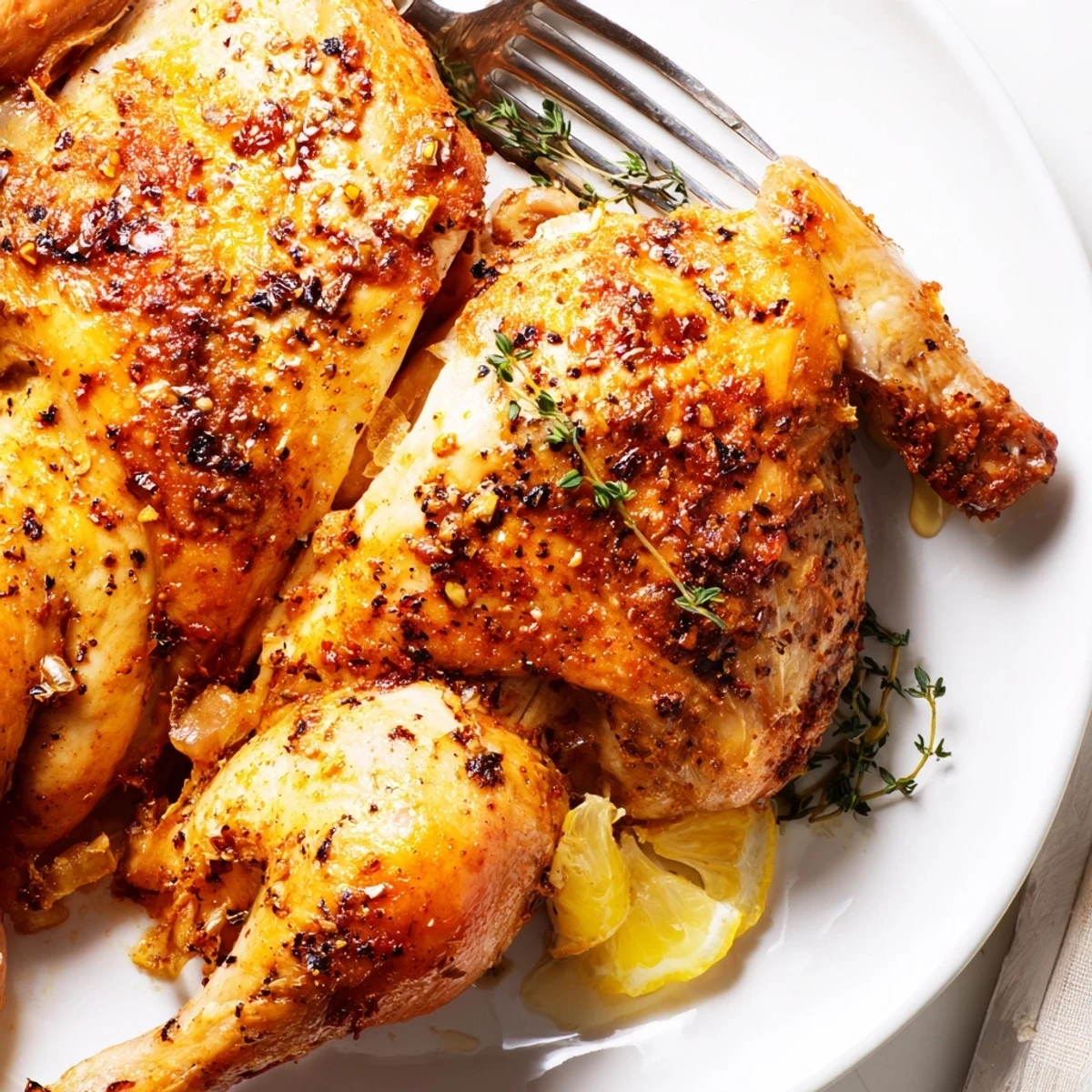 Sliced Buttermilk Roasted Chicken resting on rack, lemon zest and fresh herbs