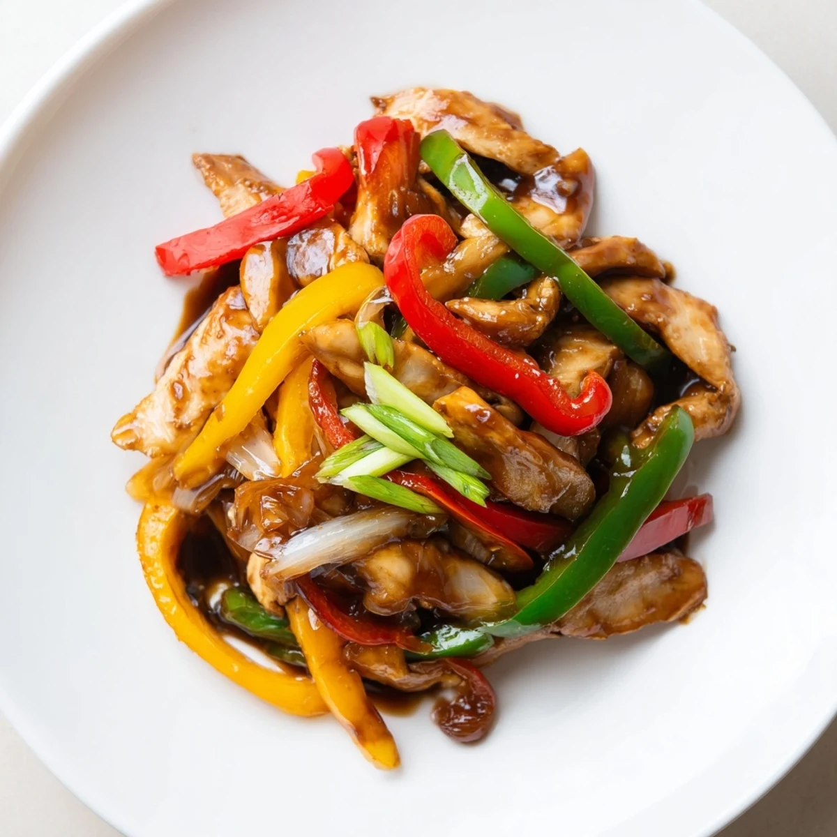 Steaming jasmine rice topped with Quick Pepper Chicken Stir Fry, vivid peppers
