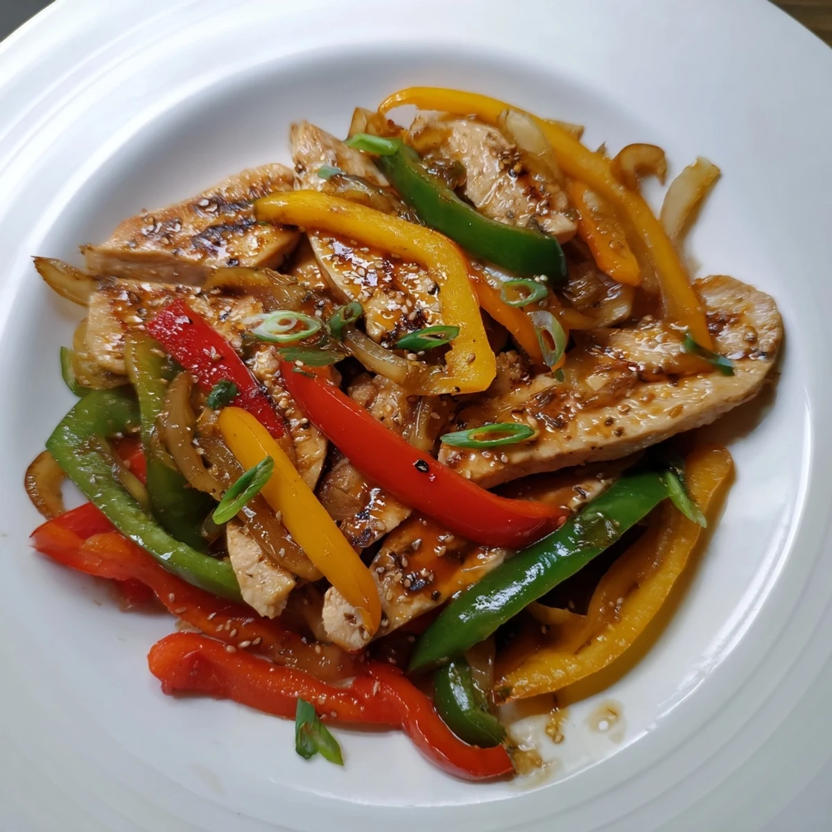 Tender sliced chicken and crisp bell peppers glistening in Quick Pepper Chicken Stir Fry