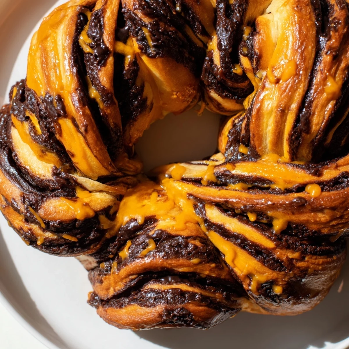 Orange glazed chocolate babka loaf with glossy glaze drizzle on serving board