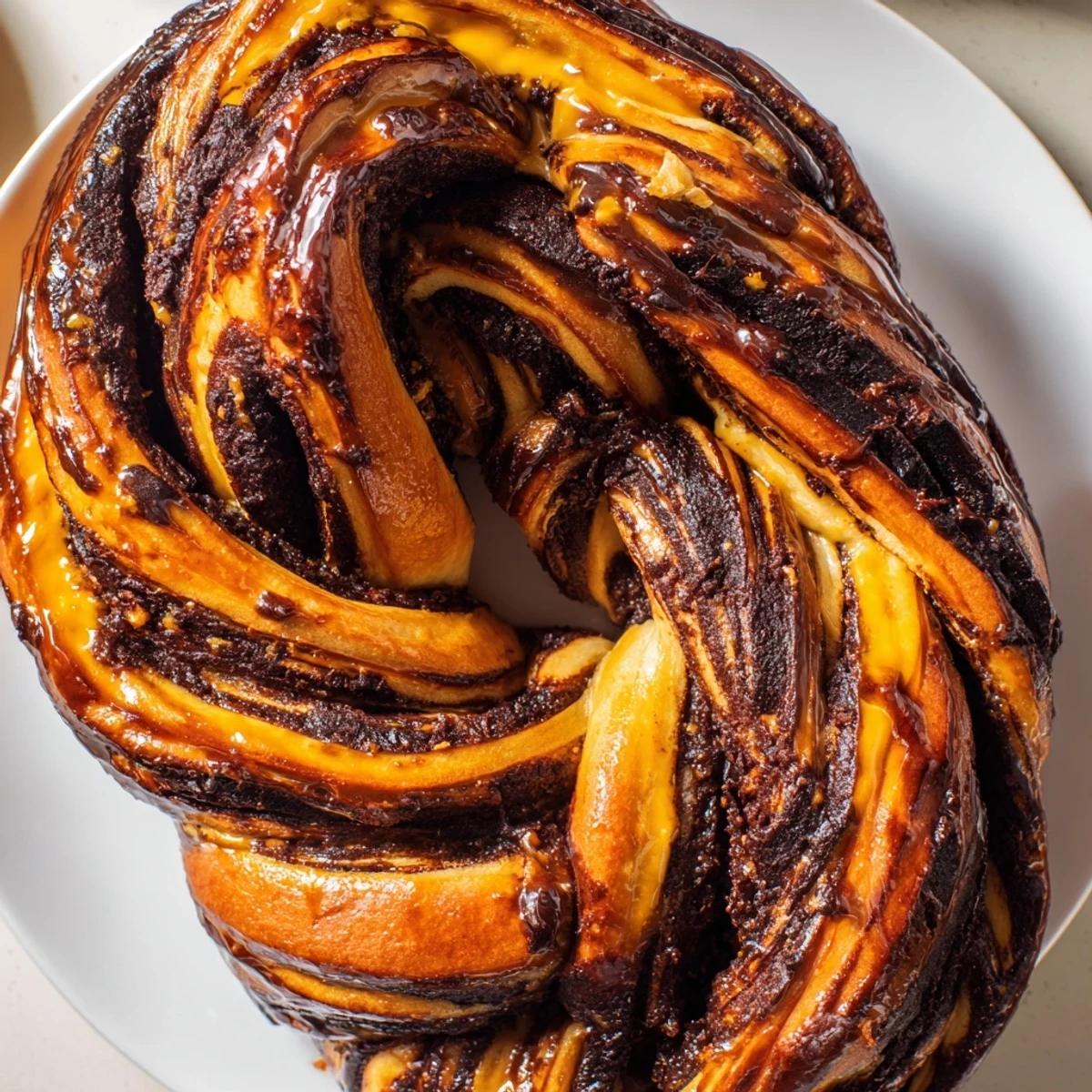 Freshly baked orange glazed chocolate babka twisted loaf with shiny citrus topping