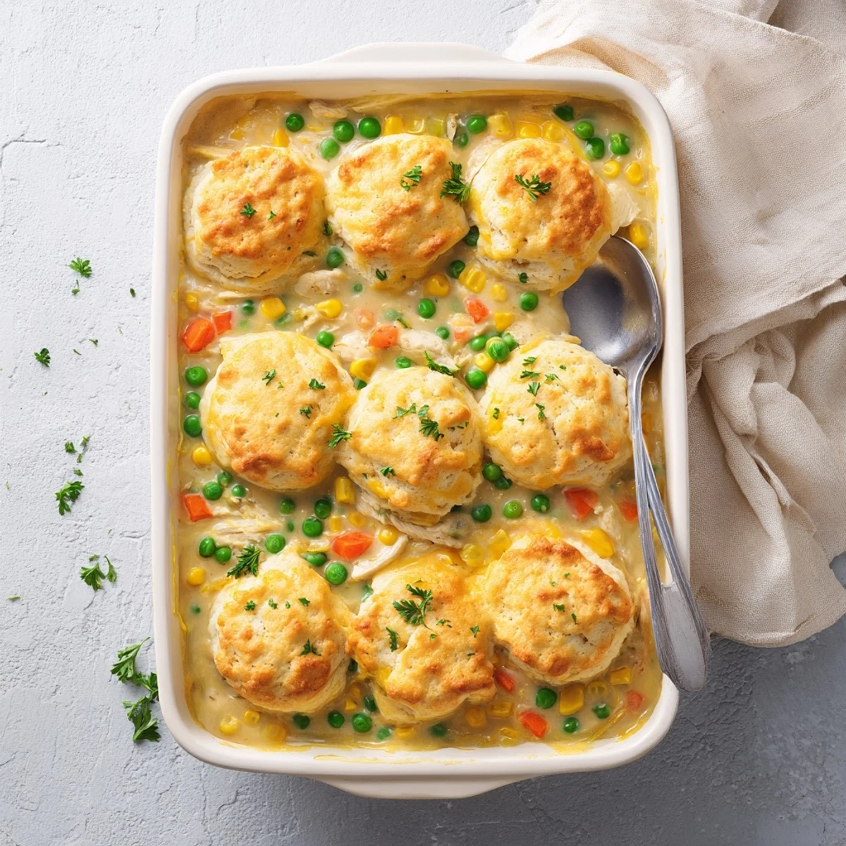 Golden Cheddar Bay biscuit topping crowns this creamy chicken casserole with melted cheddar cheese and fresh parsley.