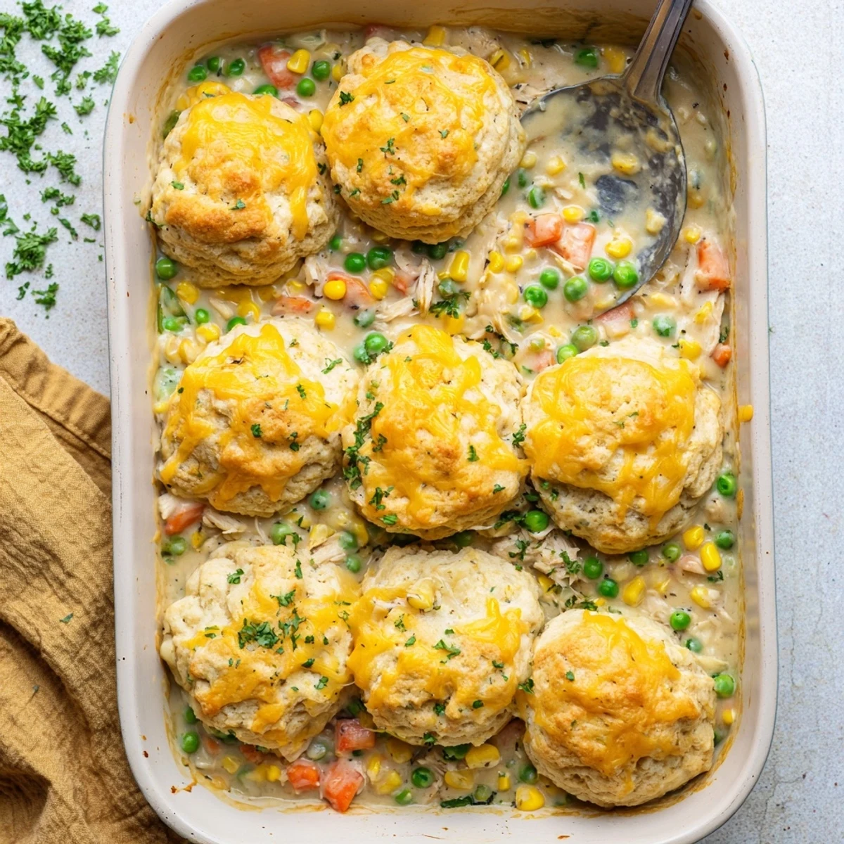 Savory chicken vegetable filling bakes beneath fluffy garlic cheddar biscuits in this comforting American casserole.
