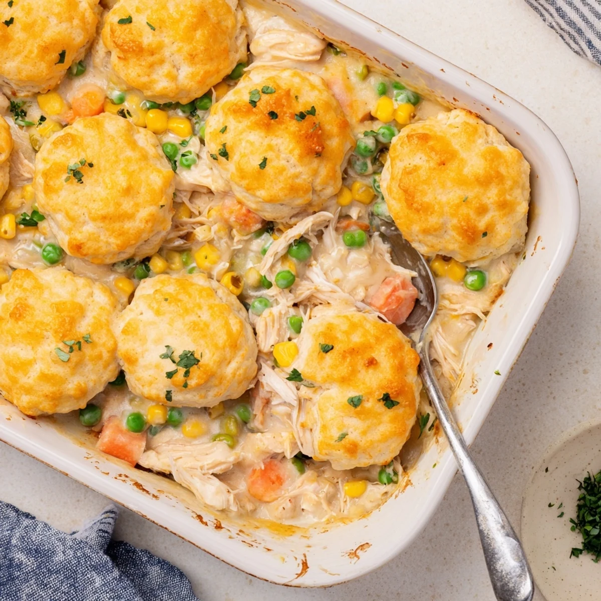 Steam rises from a bubbling Cheddar Bay chicken cobbler featuring a buttery biscuit crust and tender shredded chicken.