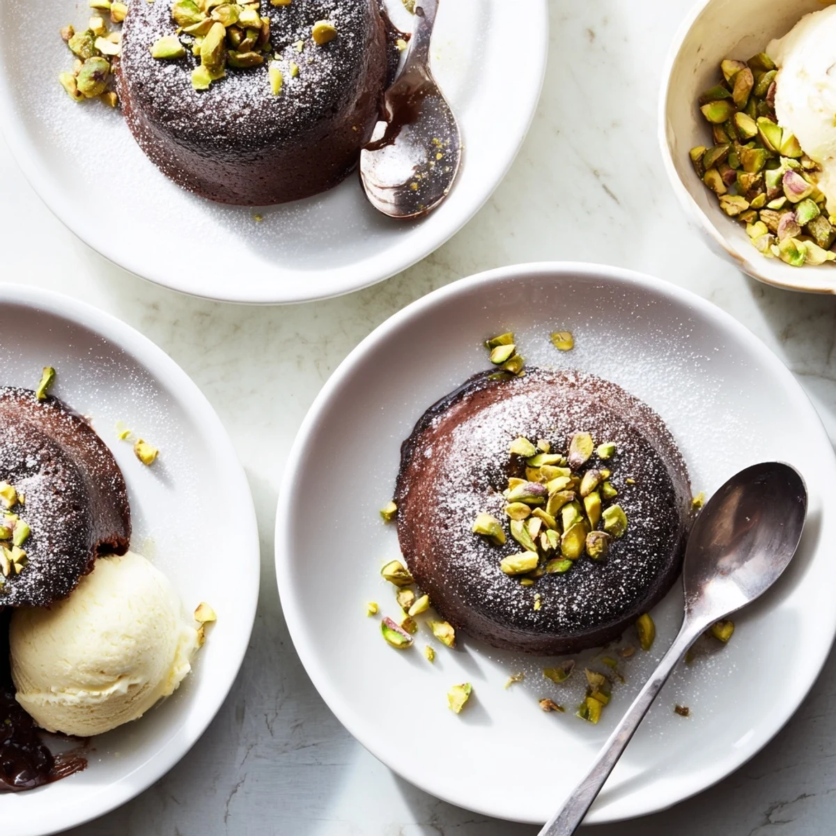 Pistachio chocolate lava cakes with molten centers flowing onto white plates