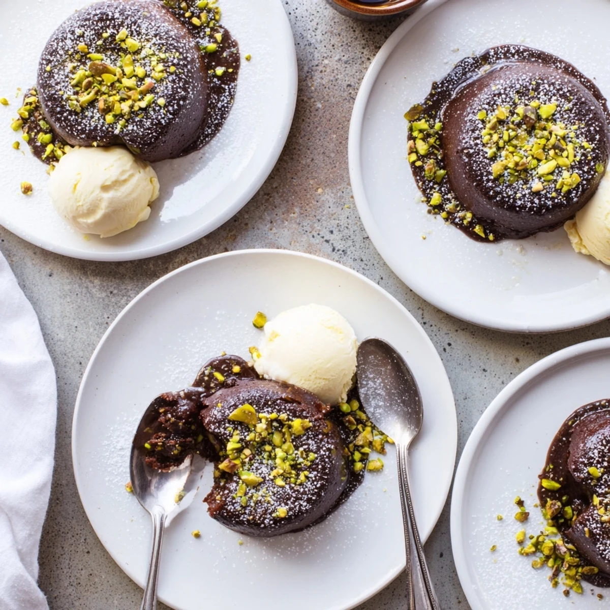 Warm pistachio chocolate lava cakes dusted with powdered sugar and chopped nuts