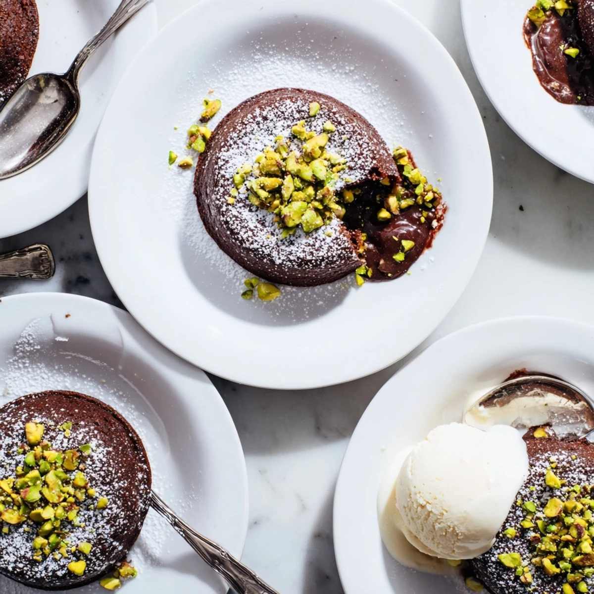 Individual pistachio chocolate lava cakes served with vanilla ice cream topping