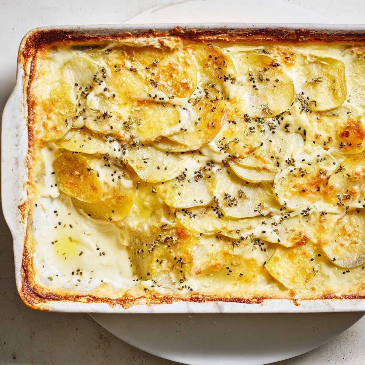 Golden brown Nigella potato gratin with bubbling Gruyère cheese and aromatic nigella seeds