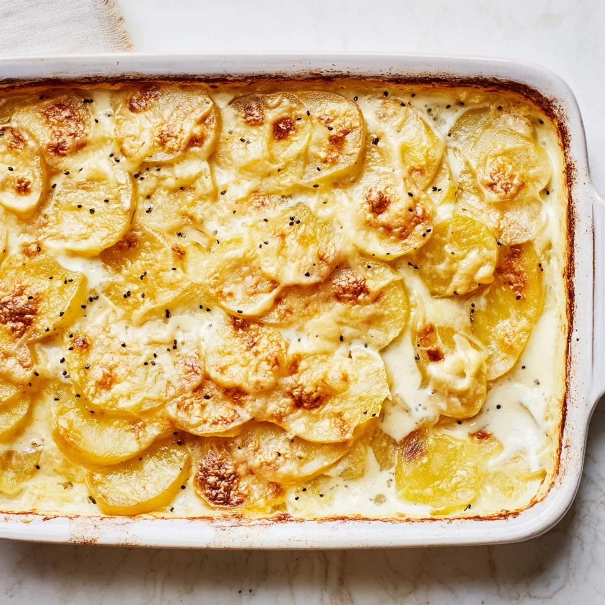 Creamy layered potato gratin topped with melted cheese and fragrant nigella seed garnish