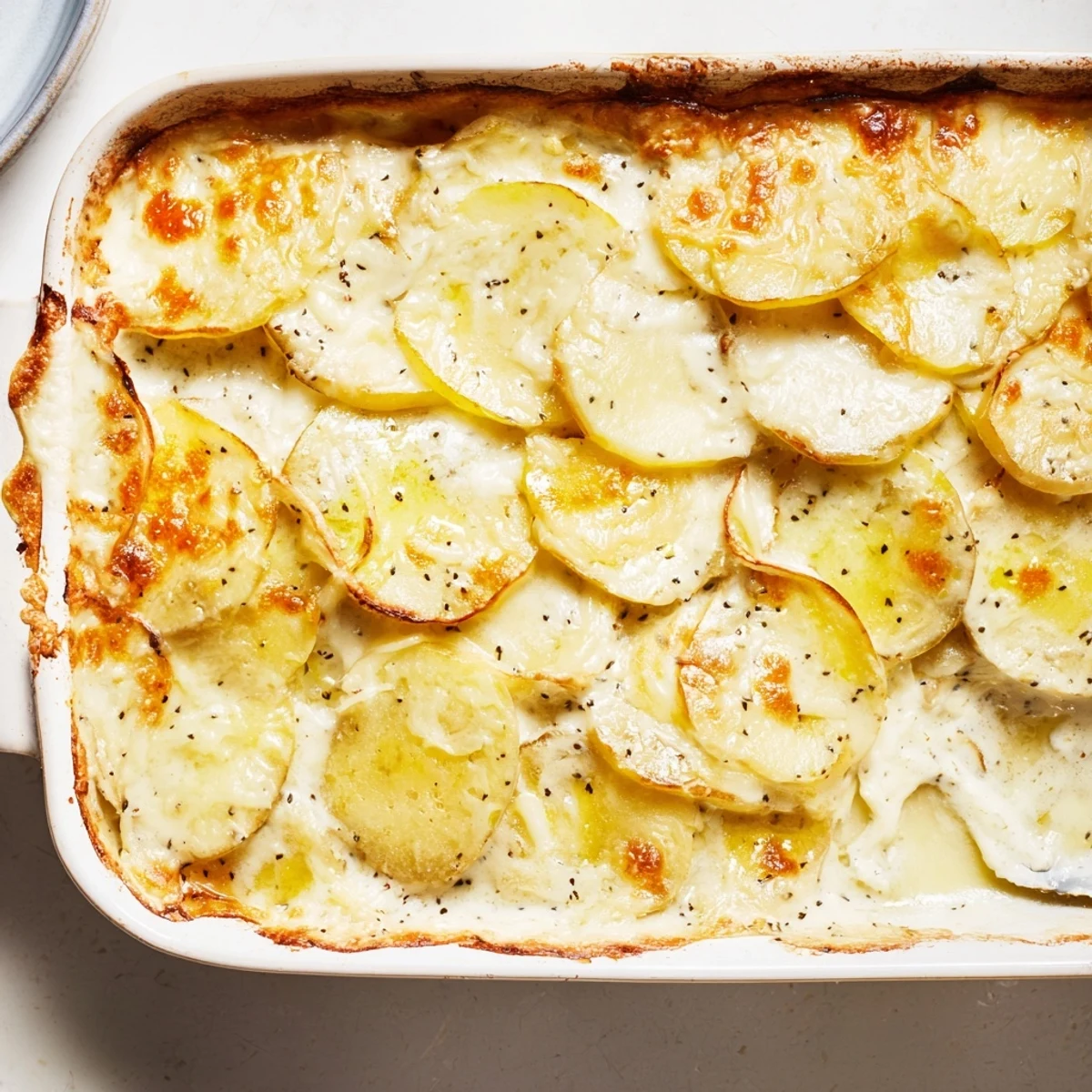 Savory Nigella potato gratin fresh from oven showcasing golden crust and rich cream layers
