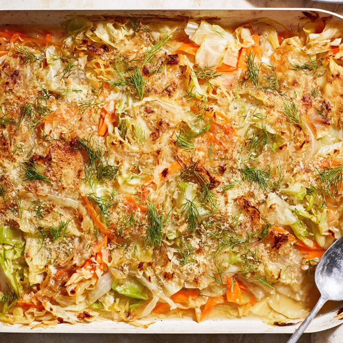 Hearty German style slow roasted cabbage and sauerkraut casserole with caramelized tender vegetables in a baking dish