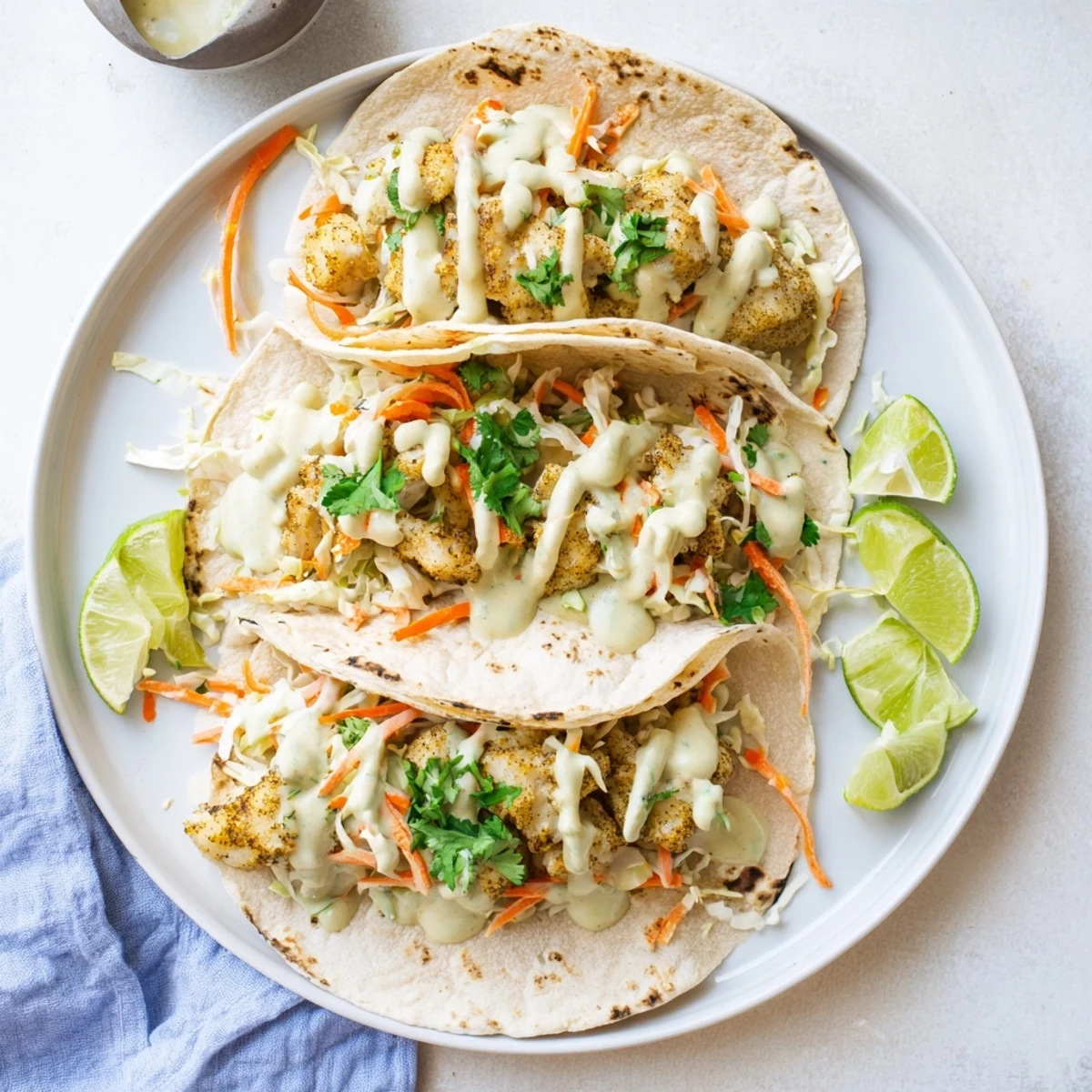 Flaky baked cod fish tacos layered with fresh cabbage and zesty cilantro lime dressing