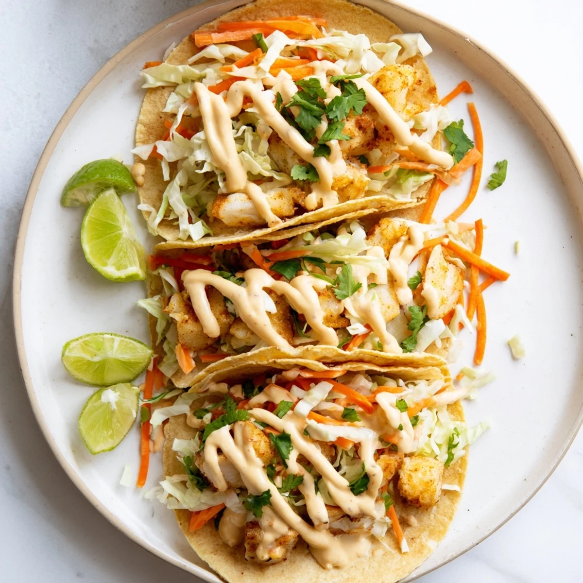 Golden baked cod fish tacos topped with colorful slaw and creamy cilantro lime sauce