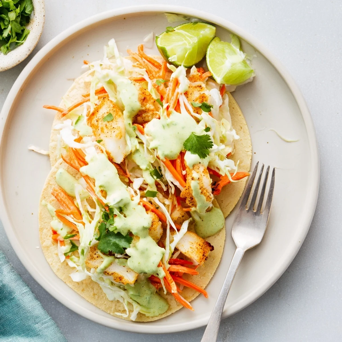 Delicious baked cod fish tacos featuring tender fish, crunchy slaw, and vibrant green sauce