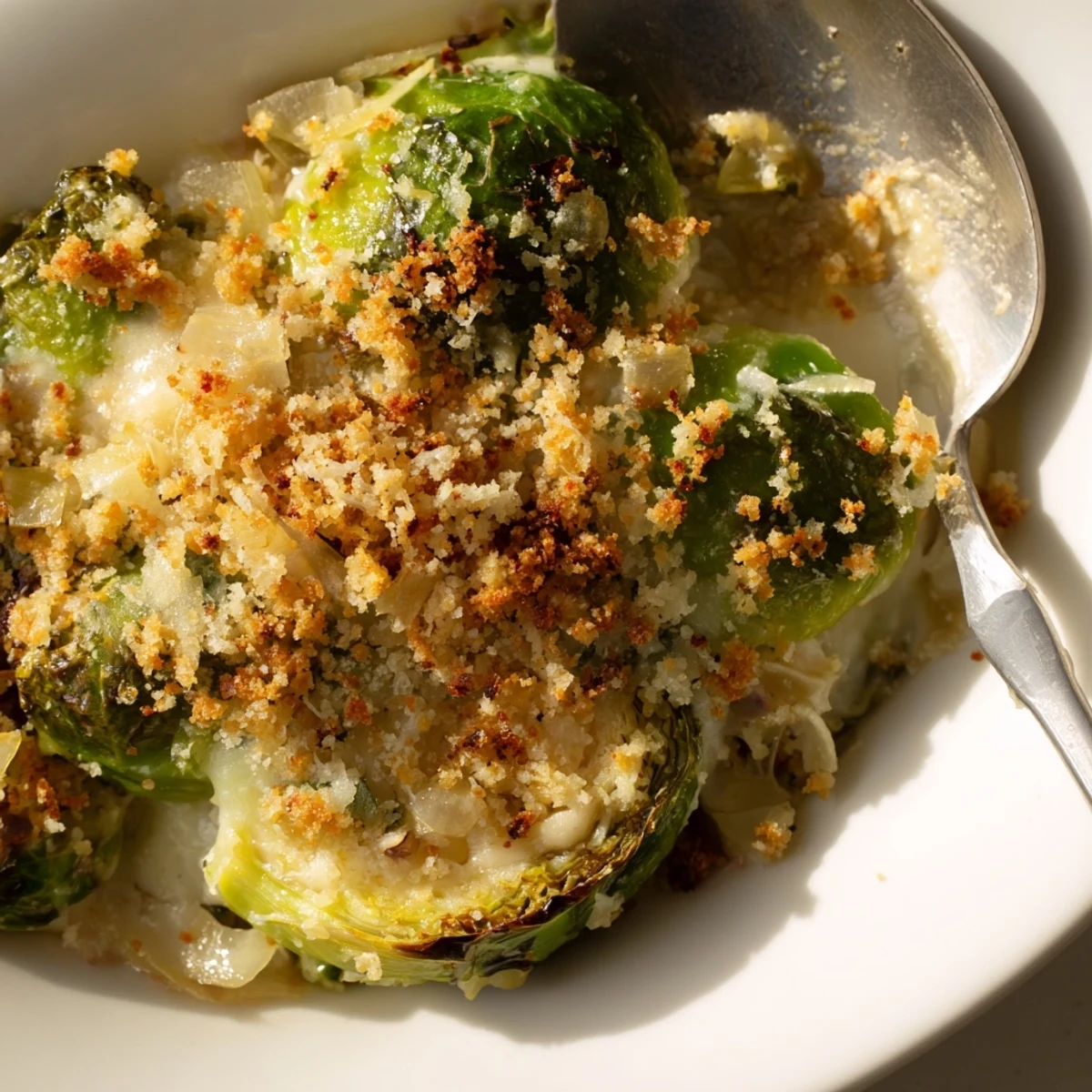 Creamy Brussels sprouts casserole baked in white dish featuring tender halved sprouts in rich cheese sauce