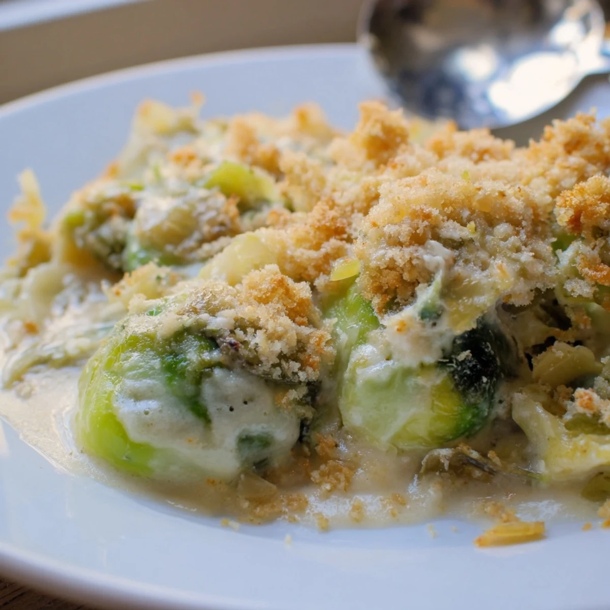 Golden bubbling Parmesan Brussels sprouts casserole with melted cheese topping and crispy breadcrumb garnish
