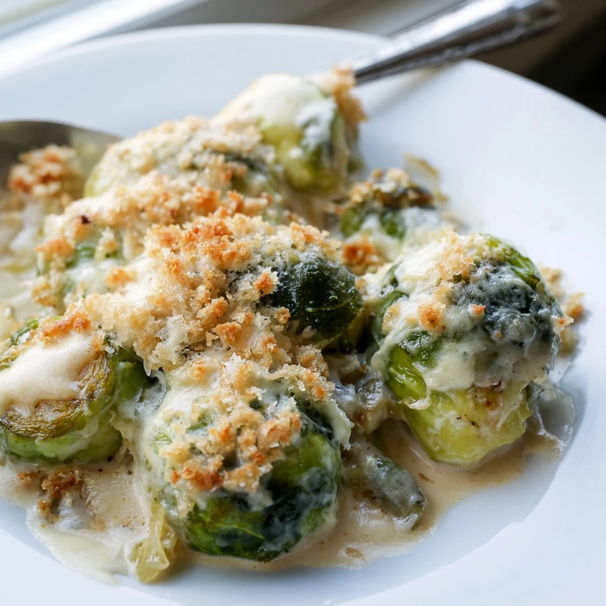 Hearty Parmesan Brussels sprouts casserole fresh from oven with golden brown mozzarella crust and steam rising