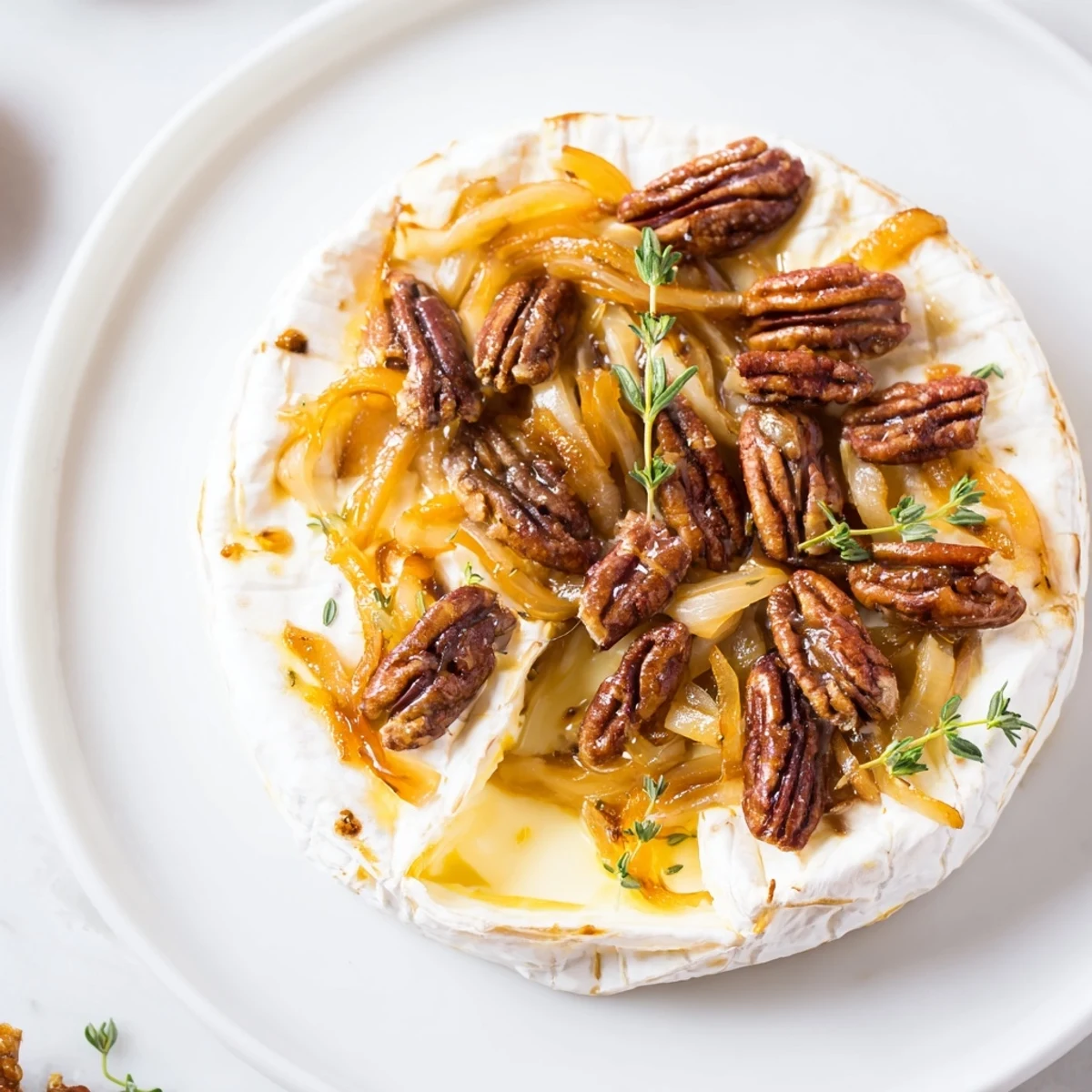 Golden wheel of baked brie with caramelized onions and crunchy pecans on wooden board