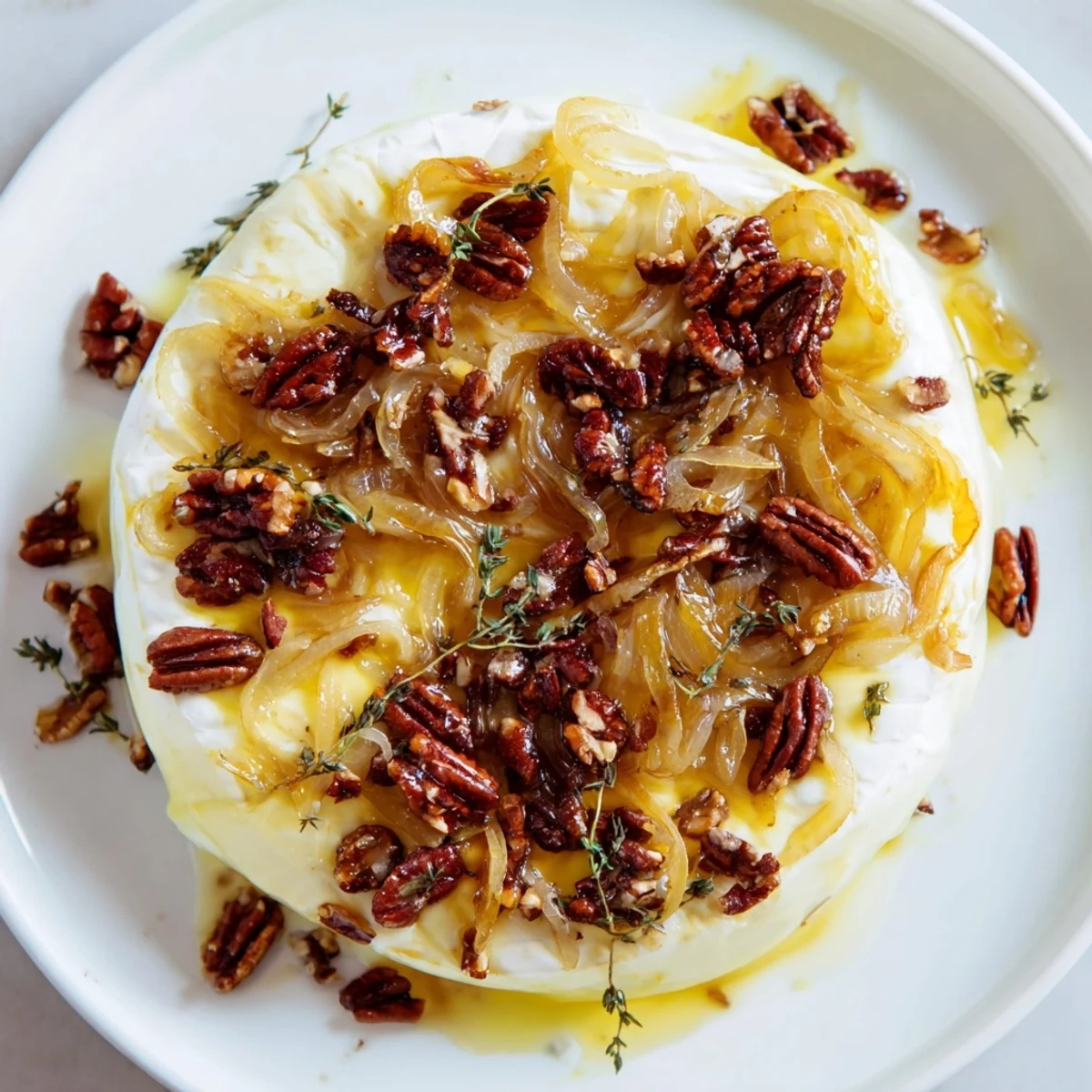 Warm baked brie cheese melting under caramelized onions and pecan halves for dipping