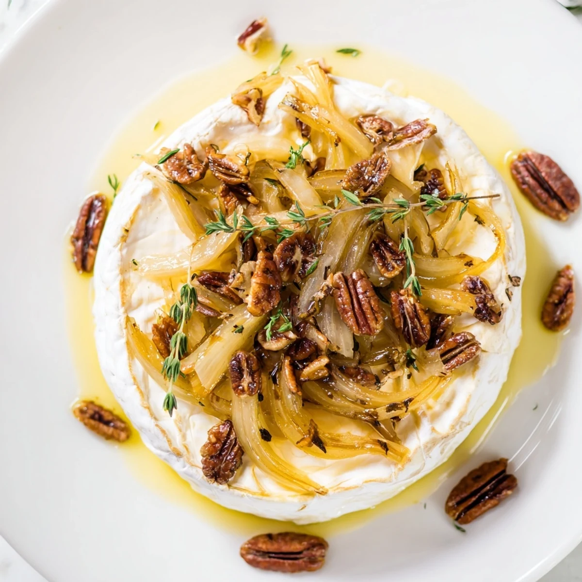 Creamy brie bubbling in the oven topped with sweet onions and toasted pecans