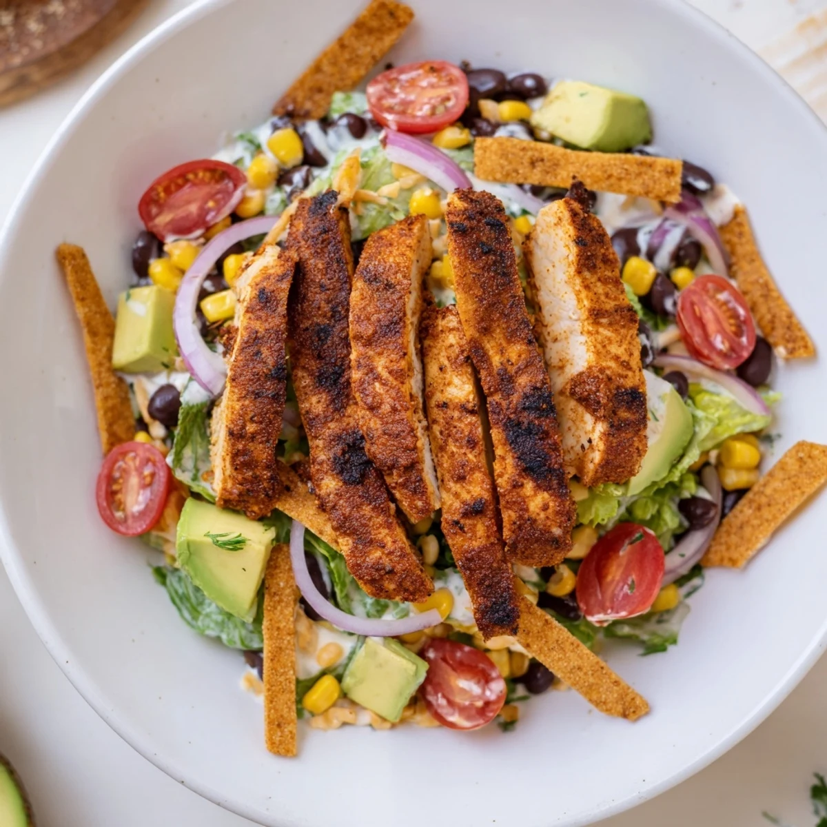 Spicy Southwest Salad With Spicy Ranch Dressing piled with avocado, crisp tortilla strips