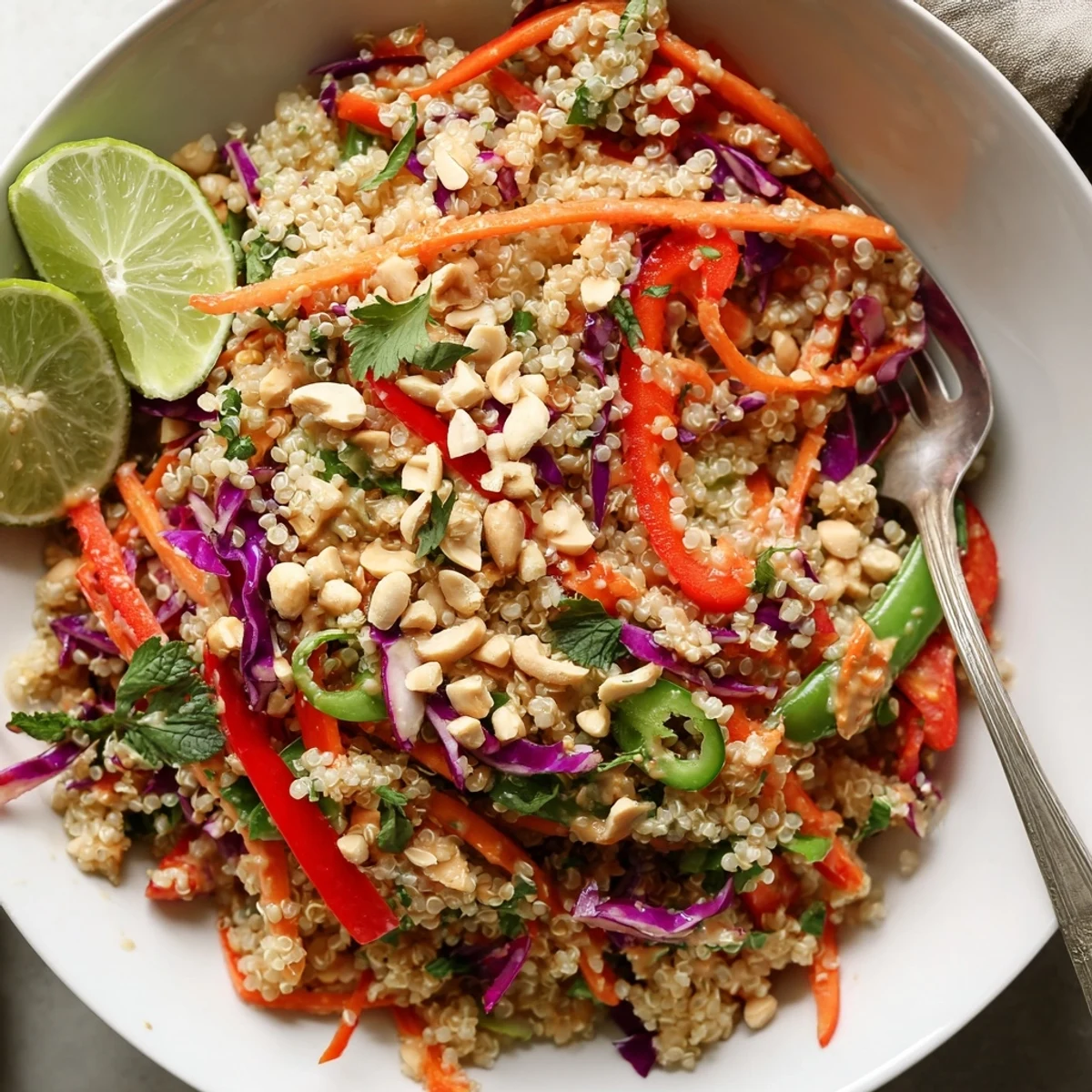 Thai Quinoa Crunch Salad served chilled with lime wedges and extra cilantro