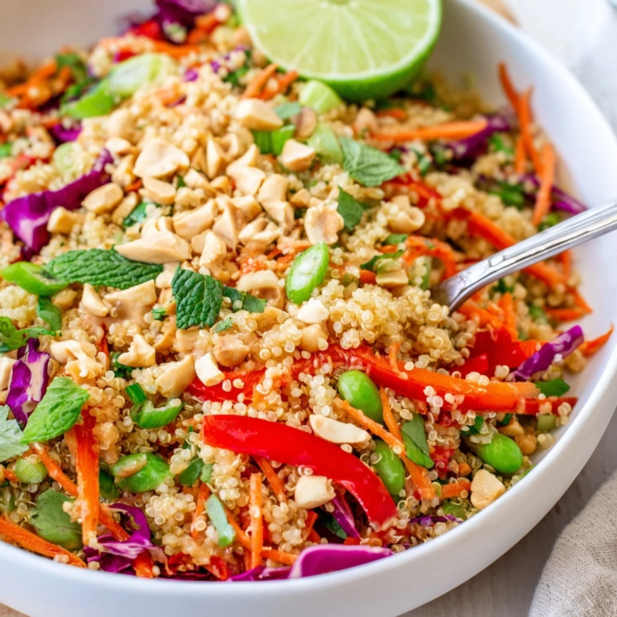 Bowl of Thai Quinoa Crunch Salad tossed in creamy peanut-lime dressing