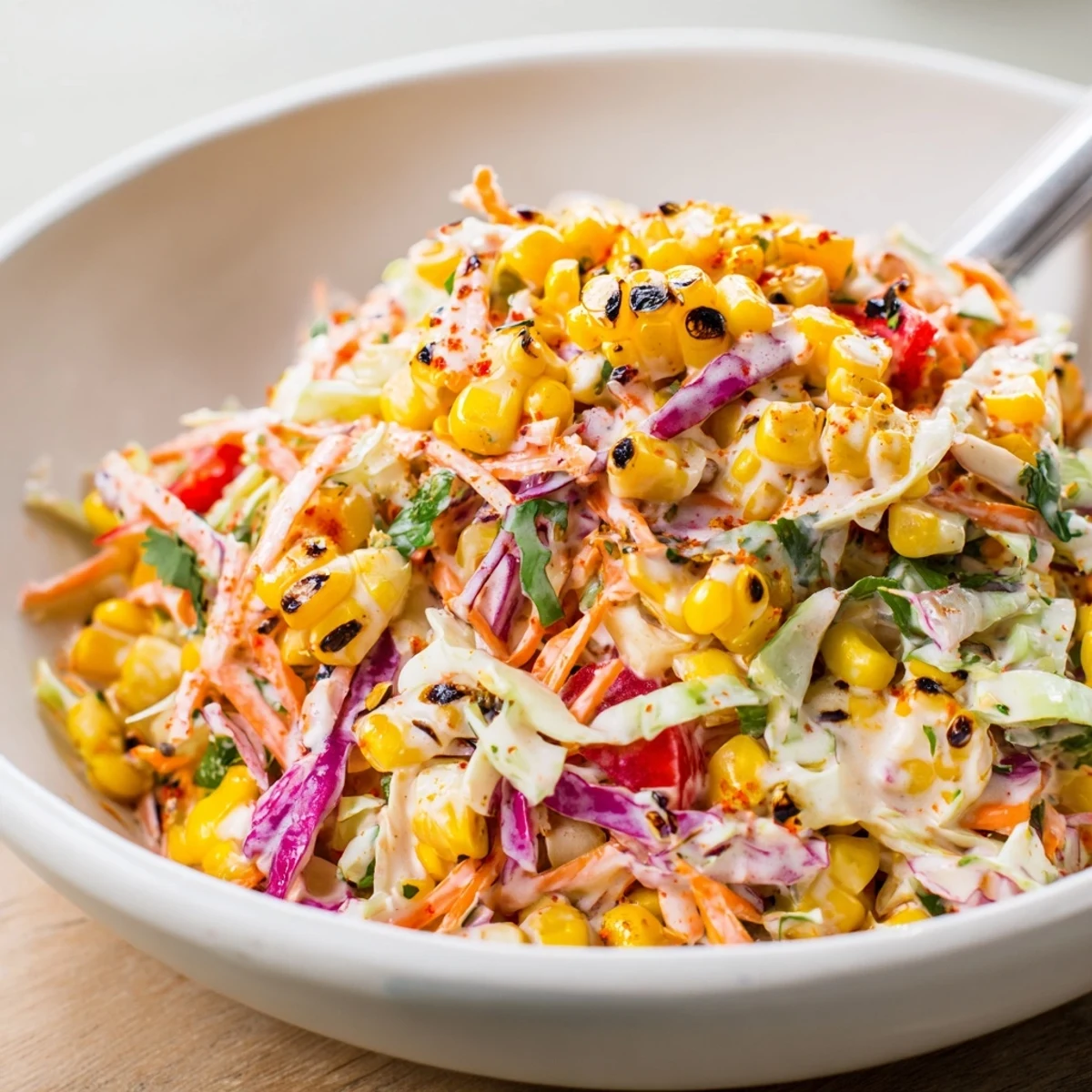 Mexican Corn Coleslaw with charred corn, crisp cabbage, zesty lime dressing