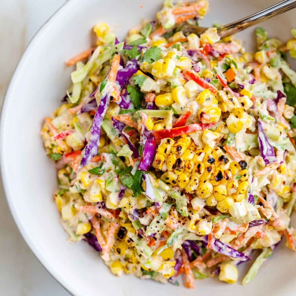 Bright Mexican Corn Coleslaw chilled in bowl, ideal alongside grilled chicken