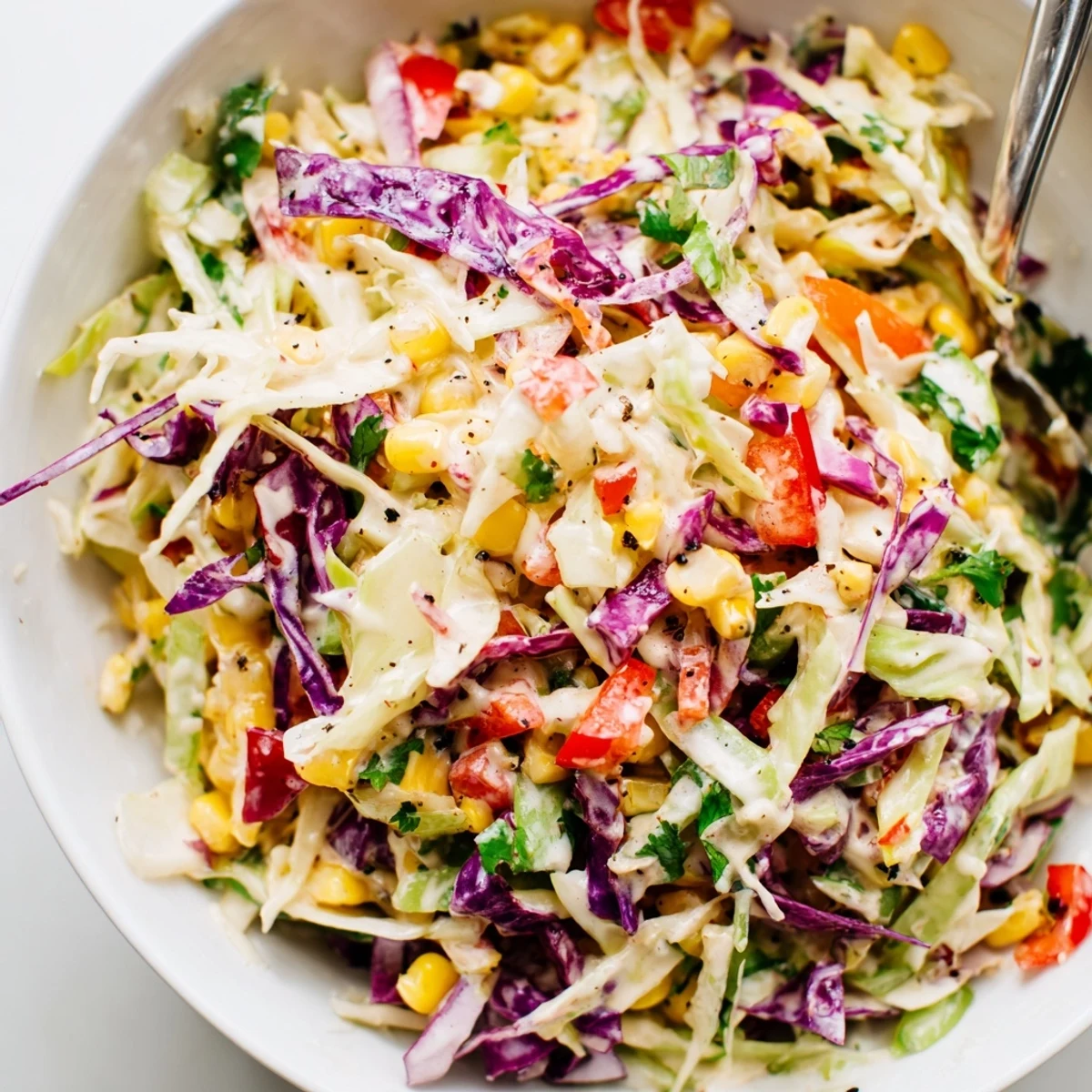 Creamy and tangy Mexican Corn Coleslaw topped with cilantro, perfect for tacos