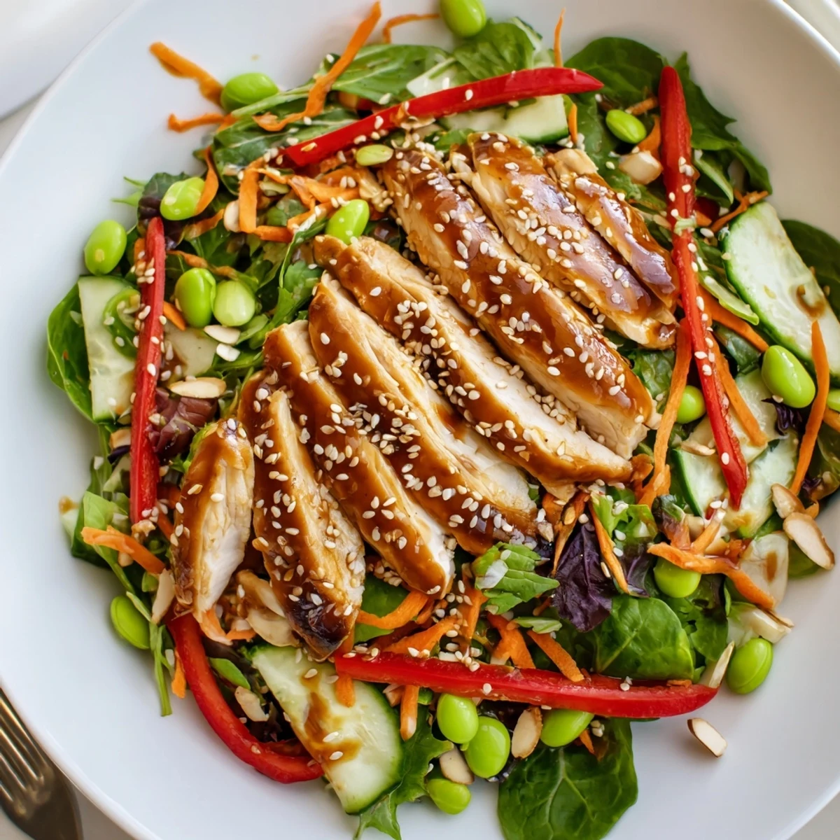 Bright Sesame Chicken Salad drizzled with tangy sesame dressing, carrots and cucumber  