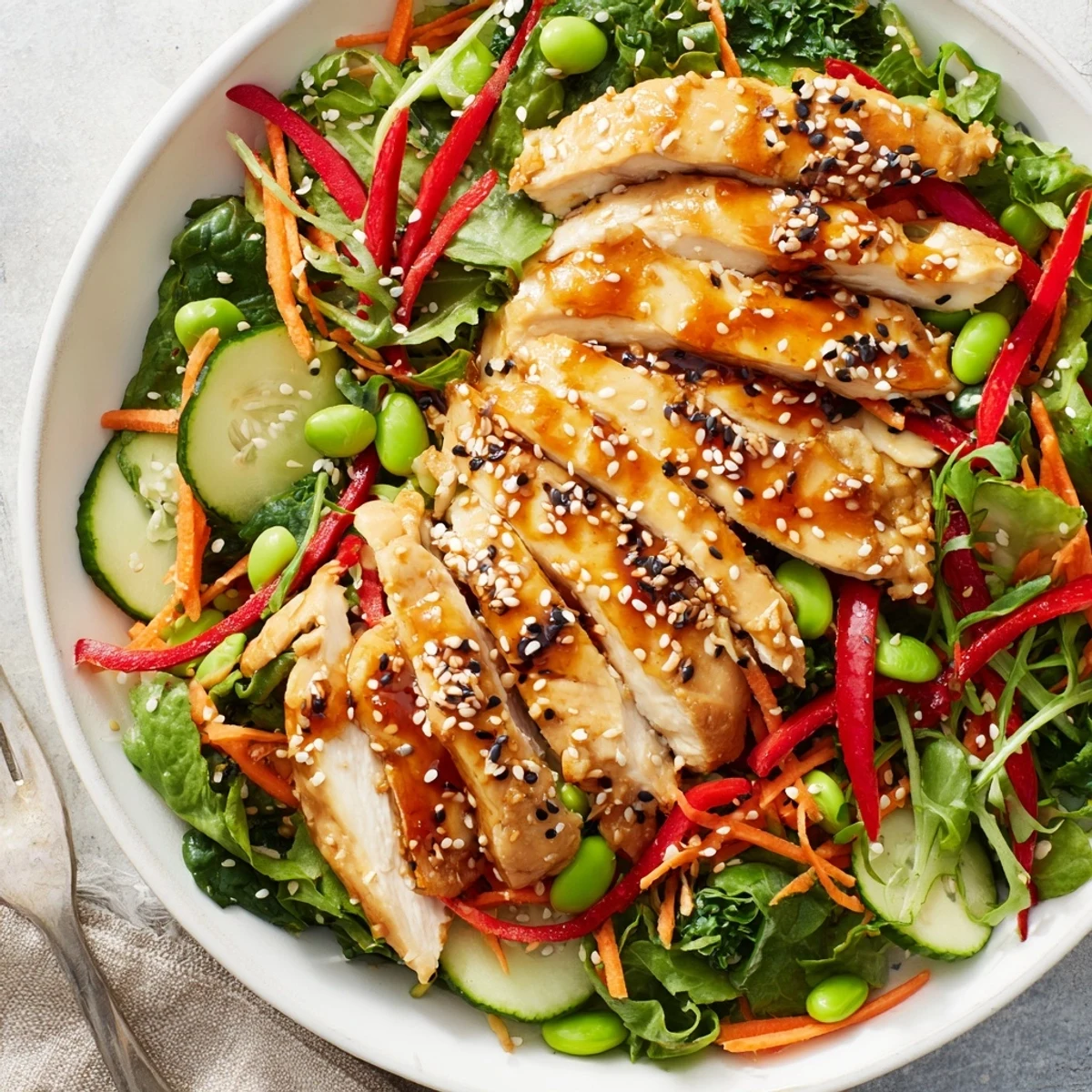 Sliced grilled chicken over mixed greens in Sesame Chicken Salad, sesame seeds  