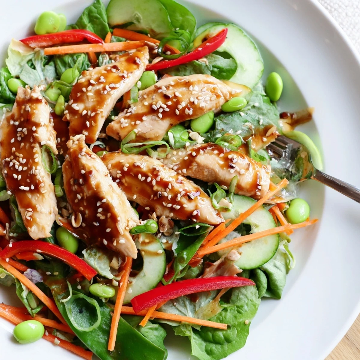 Plated Sesame Chicken Salad for lunch, nutty sesame aroma and crunchy vegetables