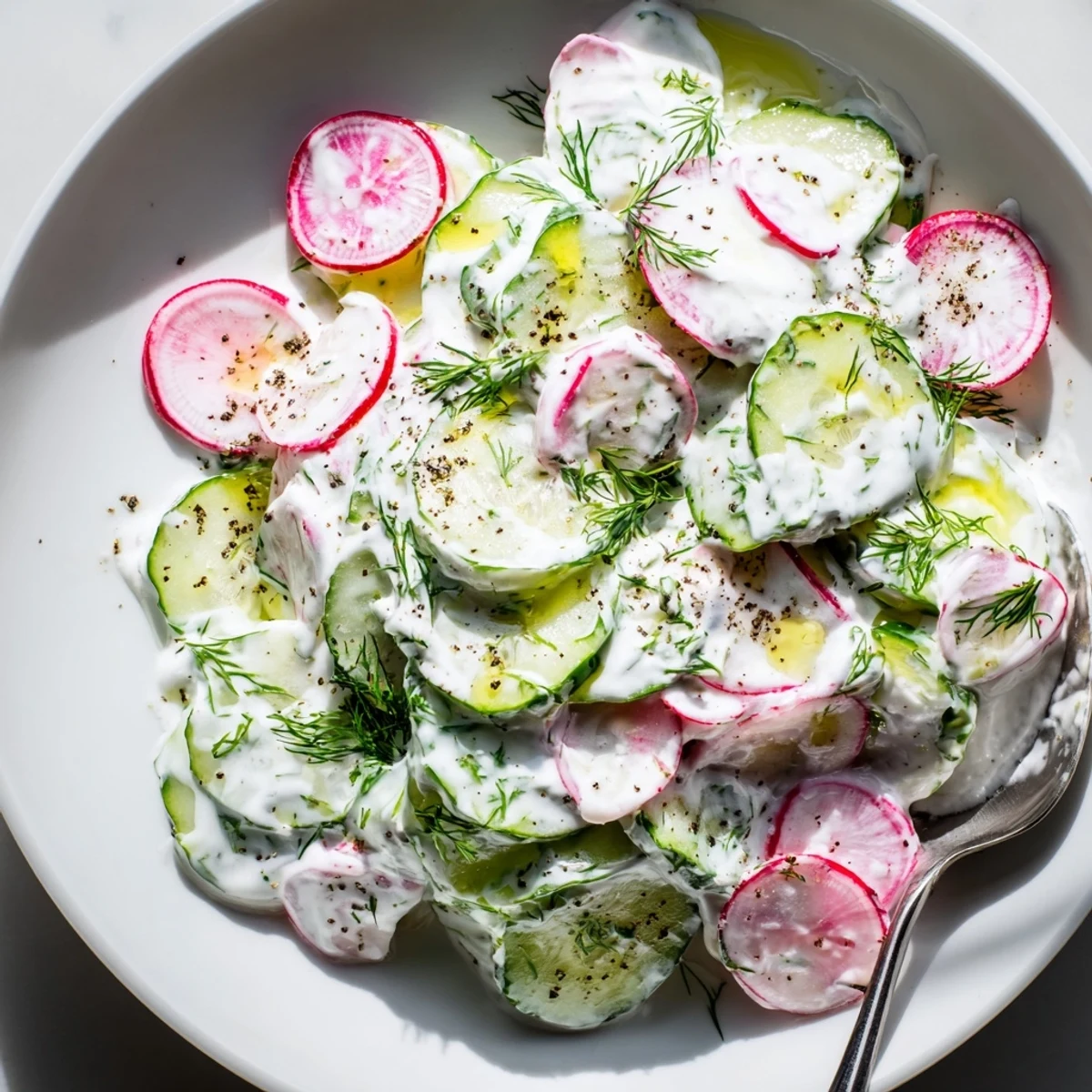Creamy cucumber radish yogurt dill salad served in a rustic white bowl with fresh herbs