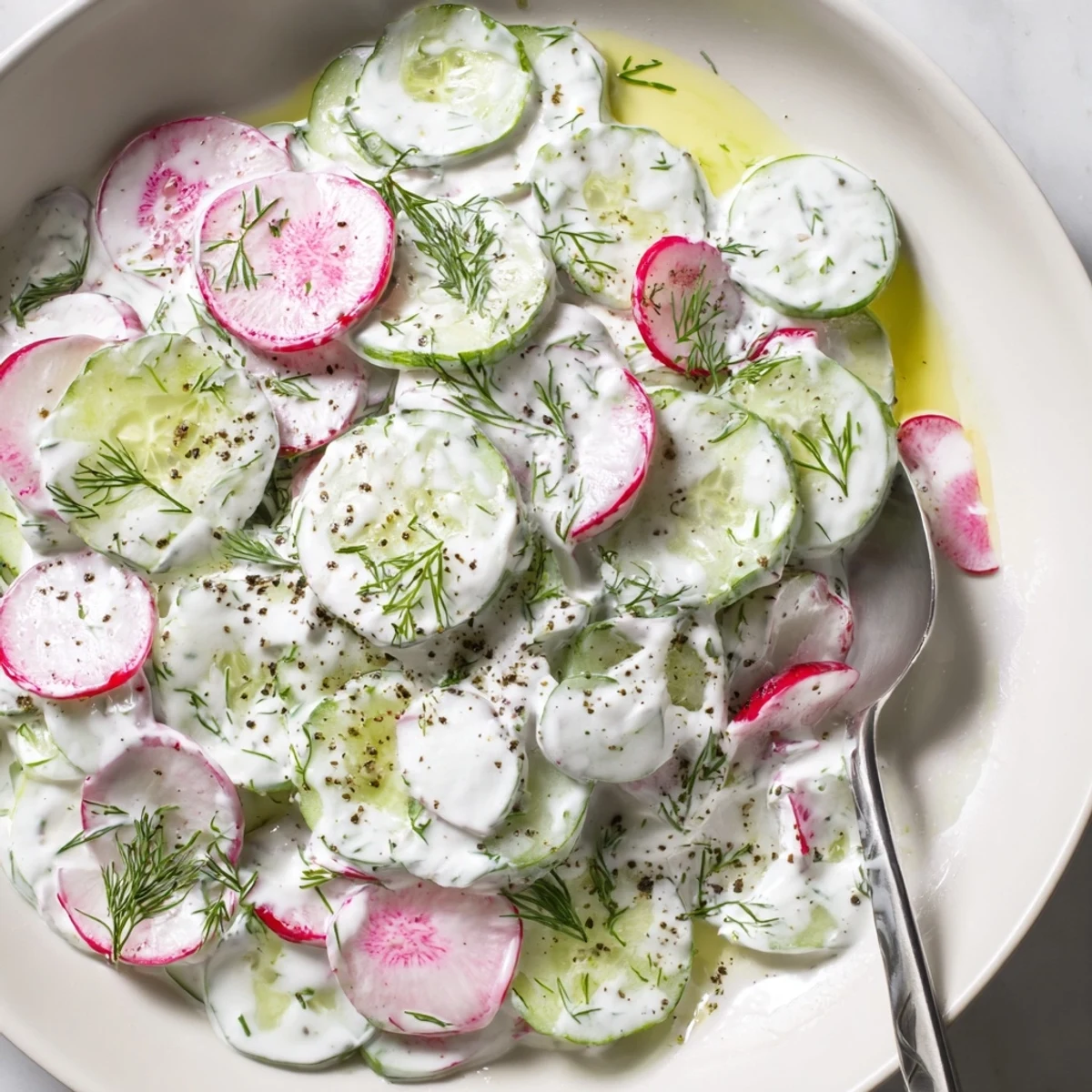 Crisp sliced cucumbers and peppery radishes coated in tangy yogurt dill dressing on a wooden board