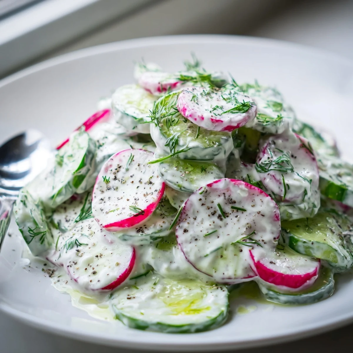 Chilled cucumber radish yogurt dill salad garnished with dill sprigs and a lemon wedge