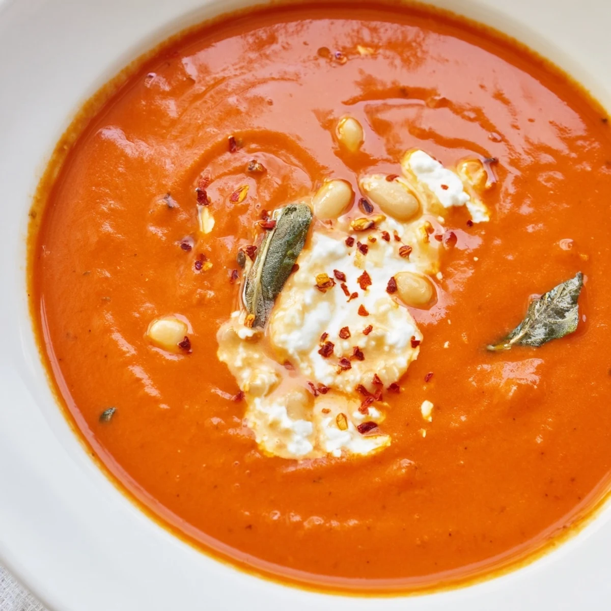 Steaming bowl of high protein tomato soup topped with fresh basil leaves