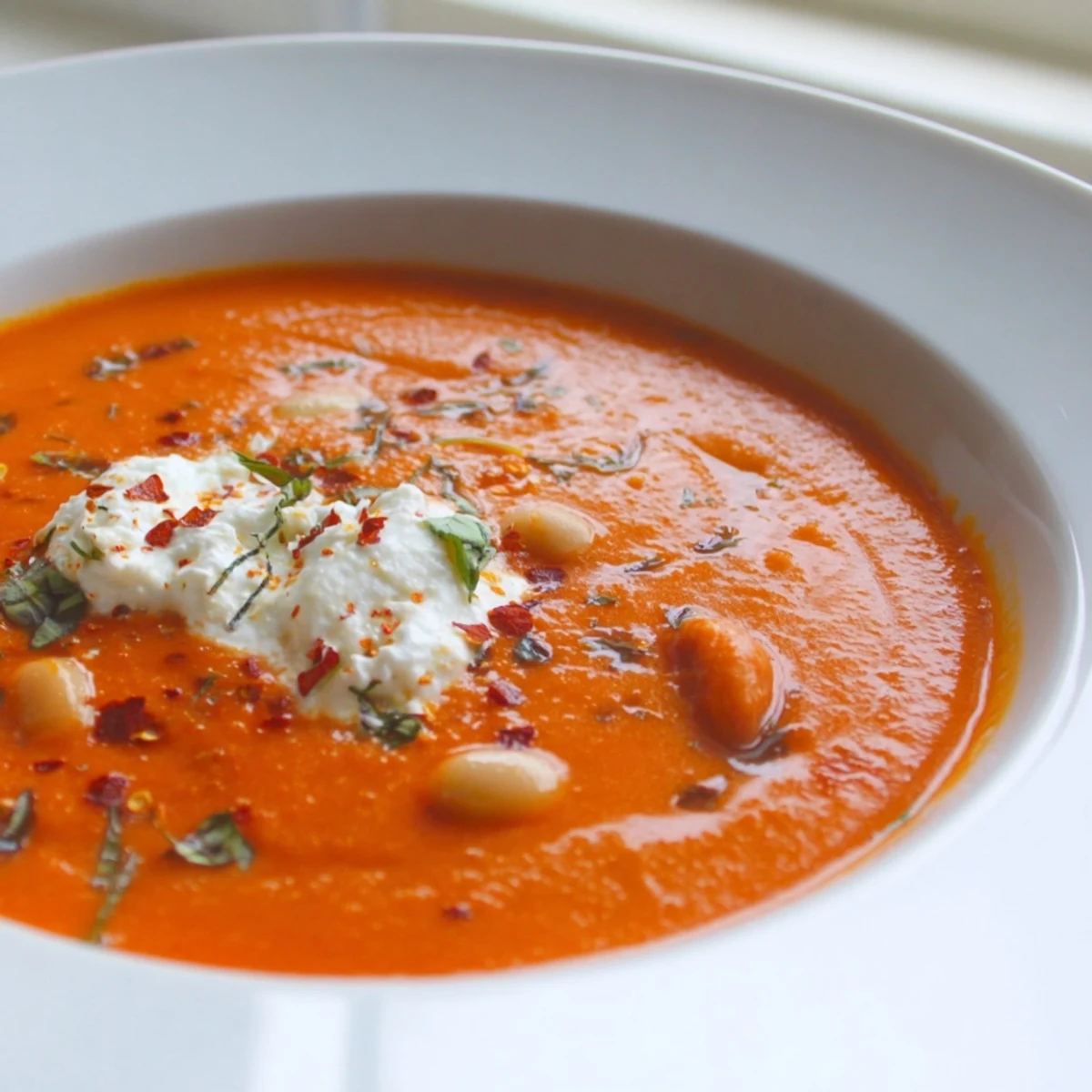 Creamy high protein tomato soup ladled into a rustic white ceramic bowl